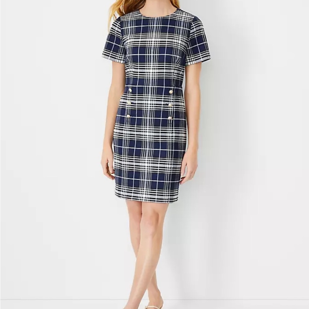 Ann Taylor Blue Mini Sheath Dress with Cuffed Sleeves